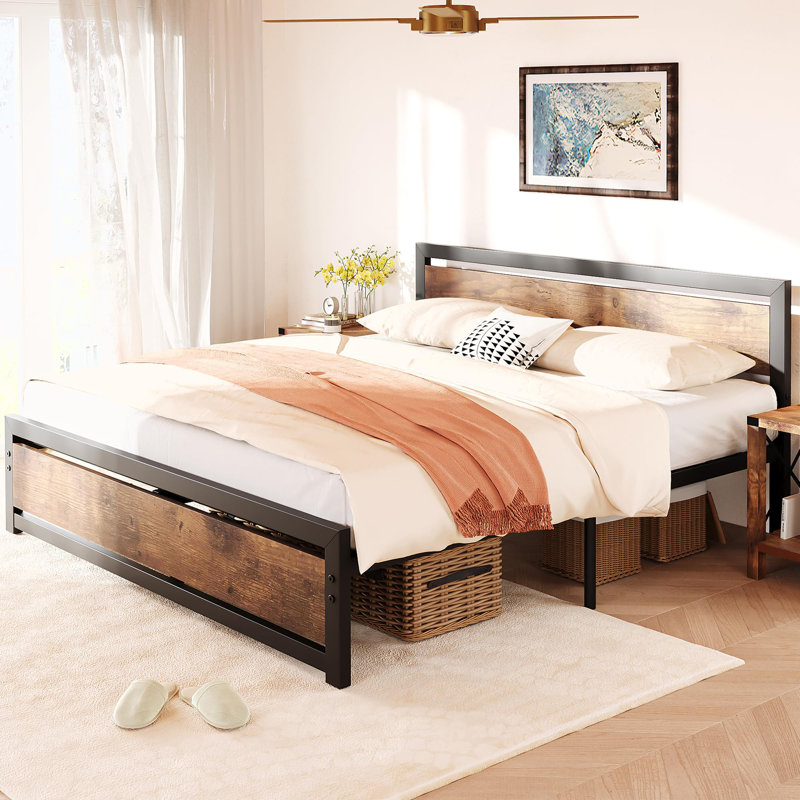 Bed Frame With Headboard And Footboard, 14 Inch Bed Platform No Box Spring Needed, Retro Brown, Full