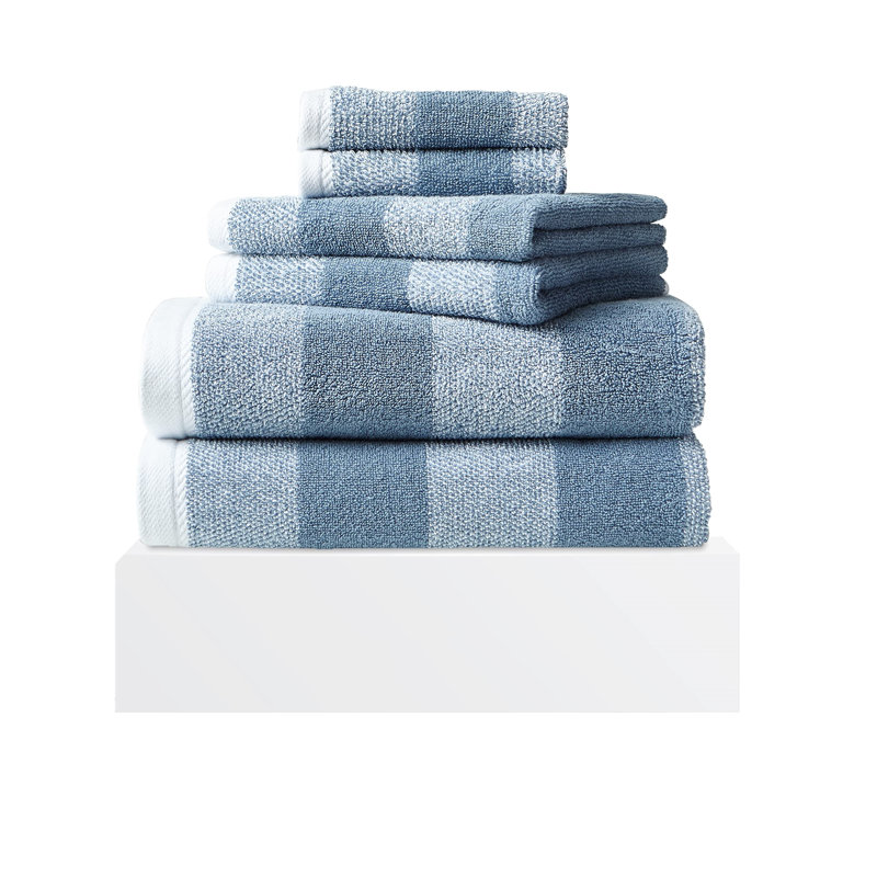 Blue Striped Cotton Coastal Hand Towel Set, 6 Pieces