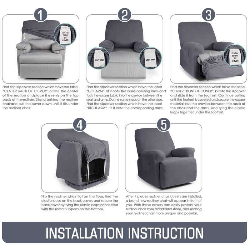 Gray Stretch Polyester Spandex Recliner Chair Cover with Side Pocket
