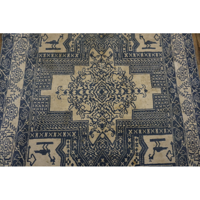 Geometric Animal Motif Antique Small Size Blue and White Indian Cotton Agra Rug