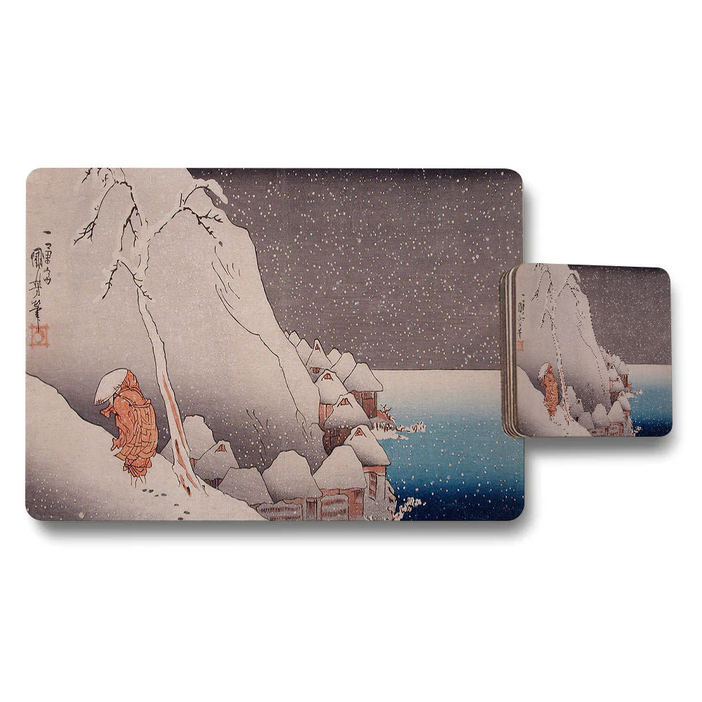 Snowy Mountain Village Ukiyoe Placemat And Coaster Set Artwork