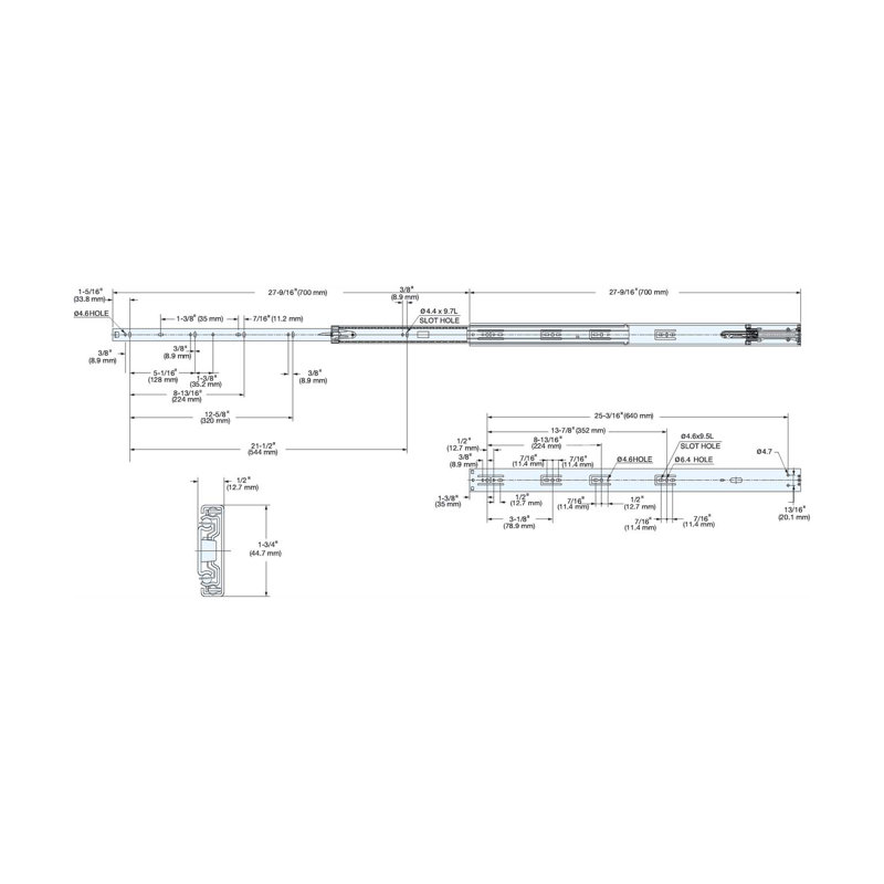 Coulisse de tiroir latérale à extension complète Sugatsune en acier inoxydable, 70 cm (27-9/16 po), capacité de 31 kg (68,34 lb), fermeture amortie