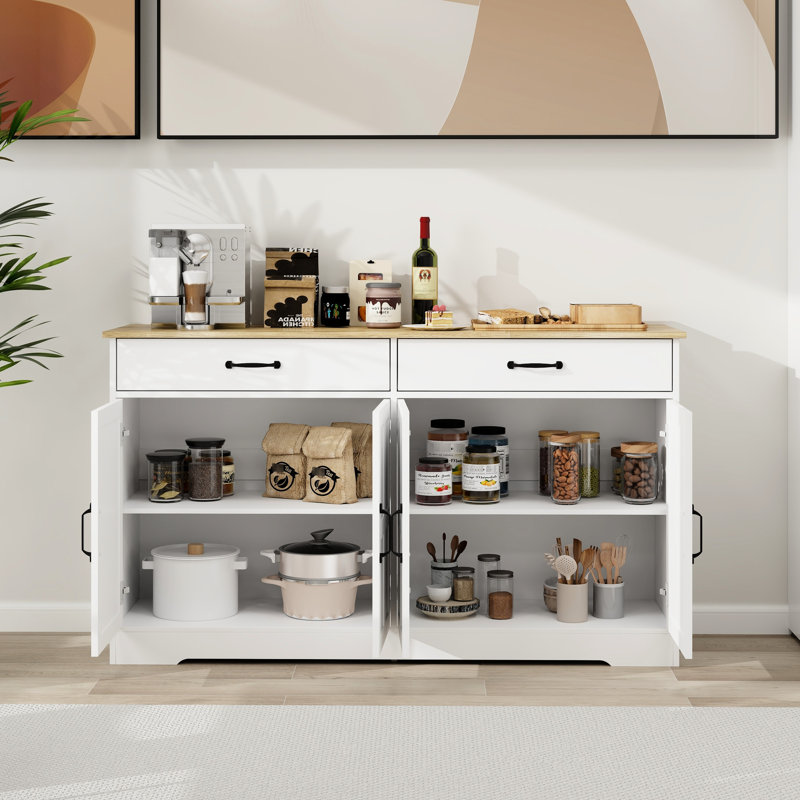 Grand buffet blanc de 54,37 po. 2 tiroirs, 4 portes pour la salle à manger et le salon. Buffet blanc avec finition grain de bois, portes de tiroir de 54,37 po. Multifonctionnel. Fabrication stable et sécuritaire