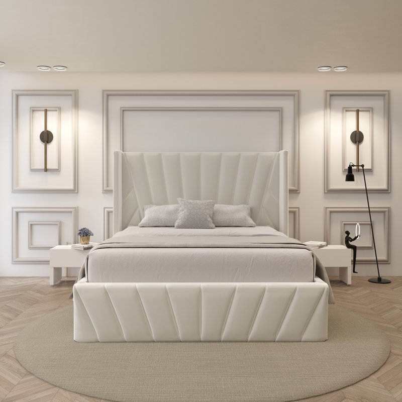 Iginia Upholstered High Headboard Storage Bed w/Hydraulic Gas Lift, Wood Slat System & Under Bed Storage, Queen, Ivory