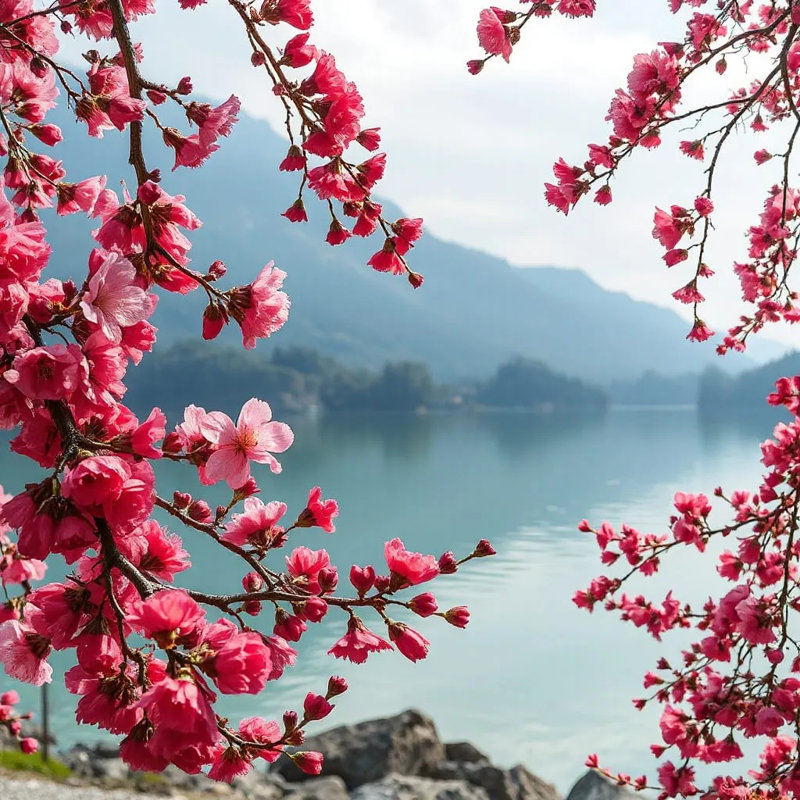 «Spring Serenity - Cherry Blossom Lake View», art mural sur toile