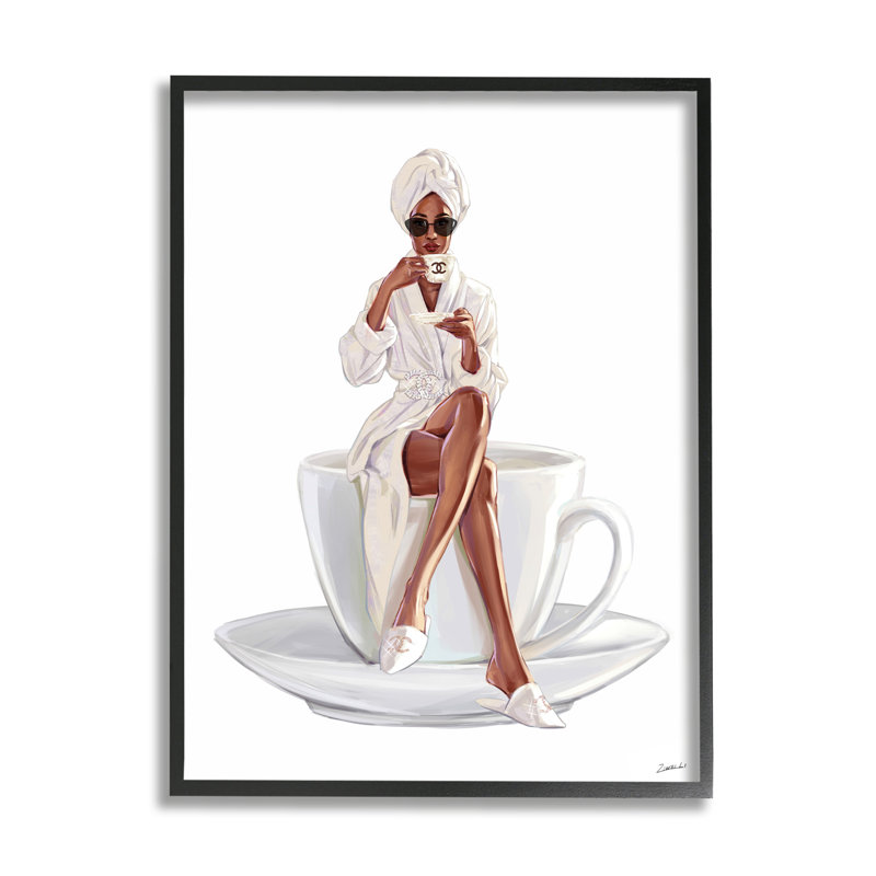 Chic, tasse à thé, femme, sirotant, robe, lunettes de soleil XXL, giclée noire, art texturé par Ziwei Li, H 30 po x l 24 po