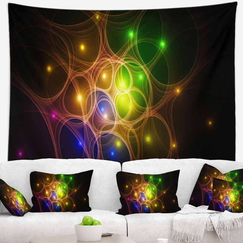 Tapisserie cercles d’espace en fractales jaune abstrait, H 68 po x l 80 po