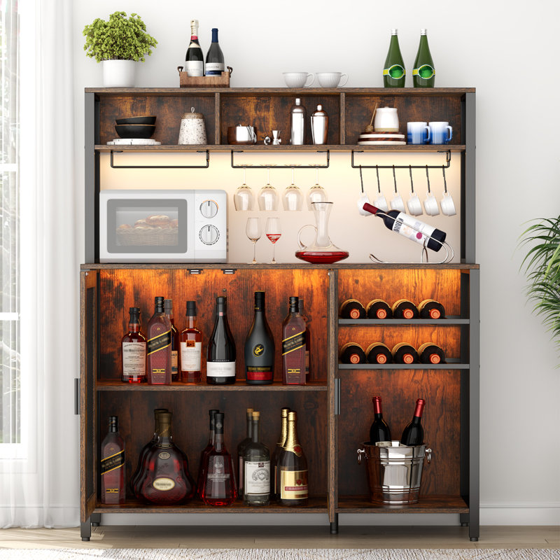 Rustic Brown Industrial Wine Bar Cabinet with LED Lights and Storage