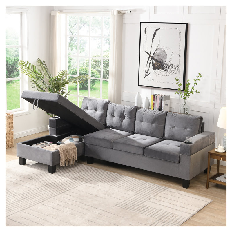Ensemble de canapé modulaire gris à 4 places avec méridienne en L, rangement et porte-gobelets