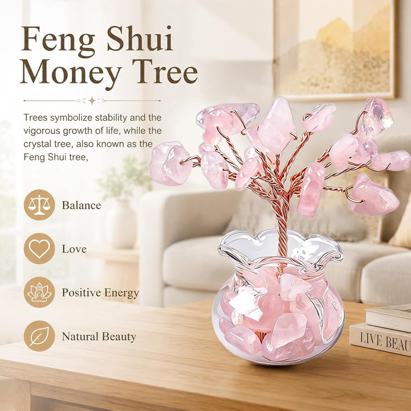 Mini Rose Quartz Crystal Tree, Mini Gemstone Tree of Life with Decorative Pot, Handmade Crystal Tree Decor for Home Office Room, Feng Shui Ornament and Gift for Women