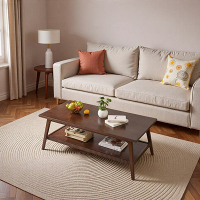 Solid Rubber Wood Coffee Table, Mid Century Modern Two-Tone Rectangular Wooden Cocktail Table with Lower Storage Shelf,Center Table for Living Room