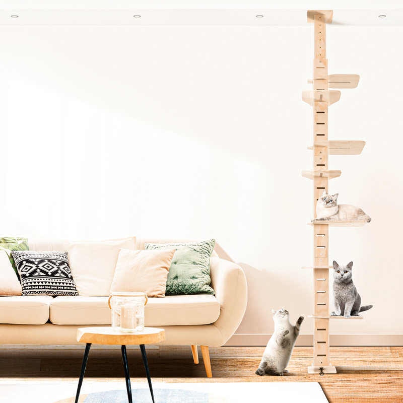 Arbre à chat à plancher réglable pour chats d'intérieur. Multi-niveaux verticaux. Fabriqué en panneau de pin multicouches. Équipé de tablettes et d'un tapis de flanelle. Favorise l'escalade des chats. Pas de perçage