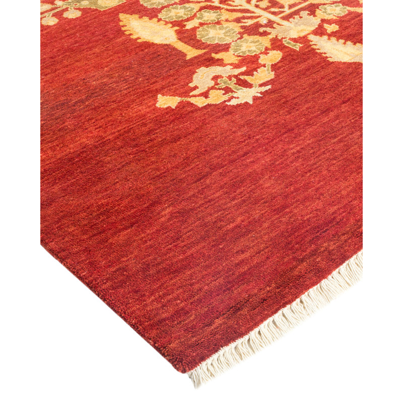 Tapis rouge / jaune noué à la main de conception unique 6 pi 1 po x 9 pi 4 po Rhonwen