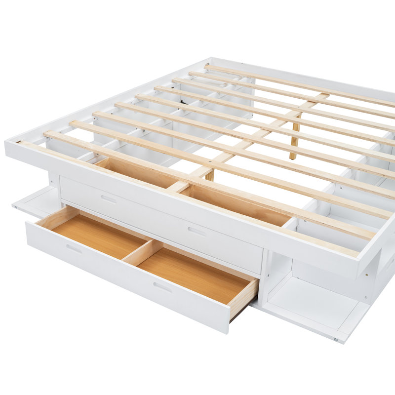 Structure de lit plateforme de rangement avec plusieurs tiroirs et tablettes sans sommier, Blanc, Très grand lit