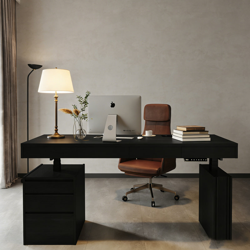 Bureau debout italien de luxe italien minimaliste, noir et brun, hauteur réglable avec rangement pour armoire et prise de courant intégrée, table d'étude pour bureau à domicile