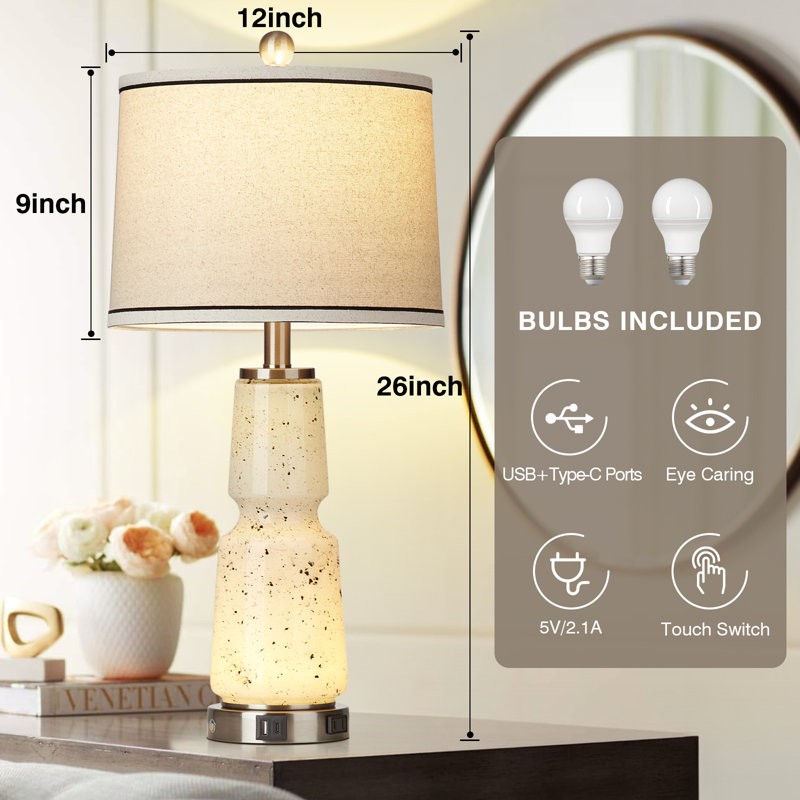 Table Lamps Nightlight 2in1 Glass Ink Textile 2-Way Touch Switch(Set of 2), Beige