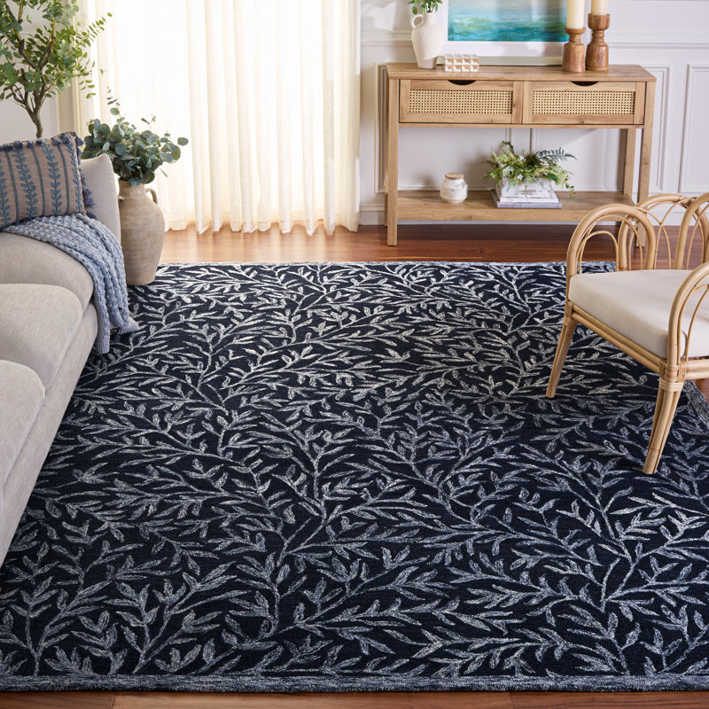Alduina Floral Handmade Tufted Area Rug in Navy/Ivory, Round 3'