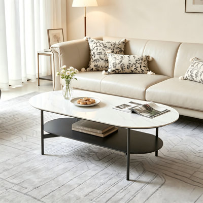 Table basse de salon peinte à double couche, plateau de table en céramique blanche jumelé à une base brune, simple et polyvalente, convenant à tout salon.