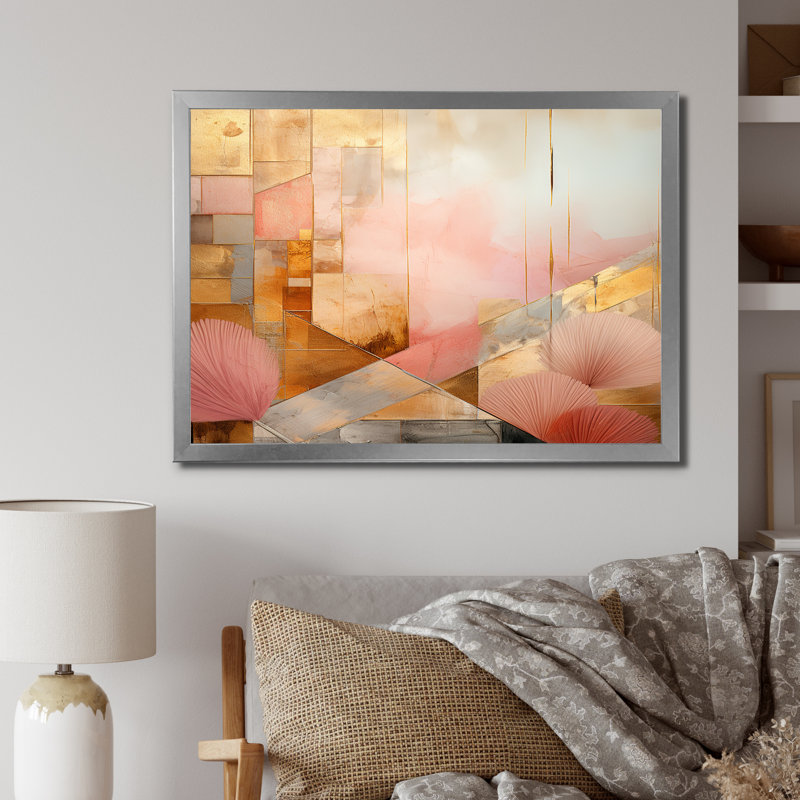 Décoration murale allure boho chic aquarelle rétro en or rose - cubisme abstrait, H 32 po x l 16 po x P 1 po