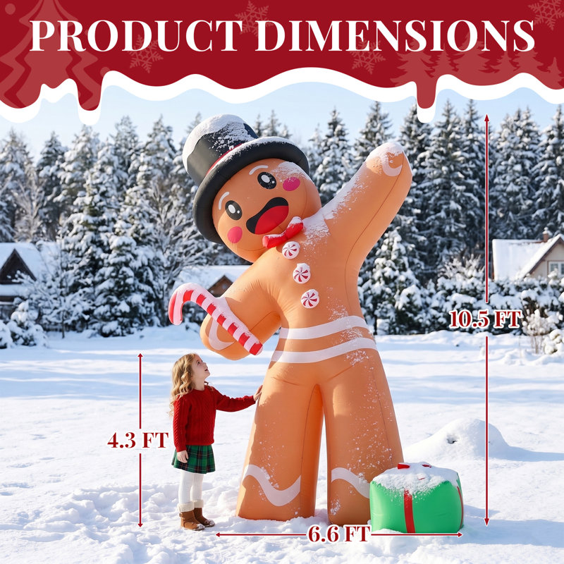 Décoration pour cour de Noël 10,6 pi de hauteur avec bonhomme de pain d'épice et boîte-cadeau gonflable 8 lumières DEL en polyester 190D 12V 2000 mA