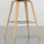 De 2 tabourets hauts - style Mid-Century, housse de siège bleu denim, structure, 2 garnitures décoratives, pieds, repose-pieds, touche moderne