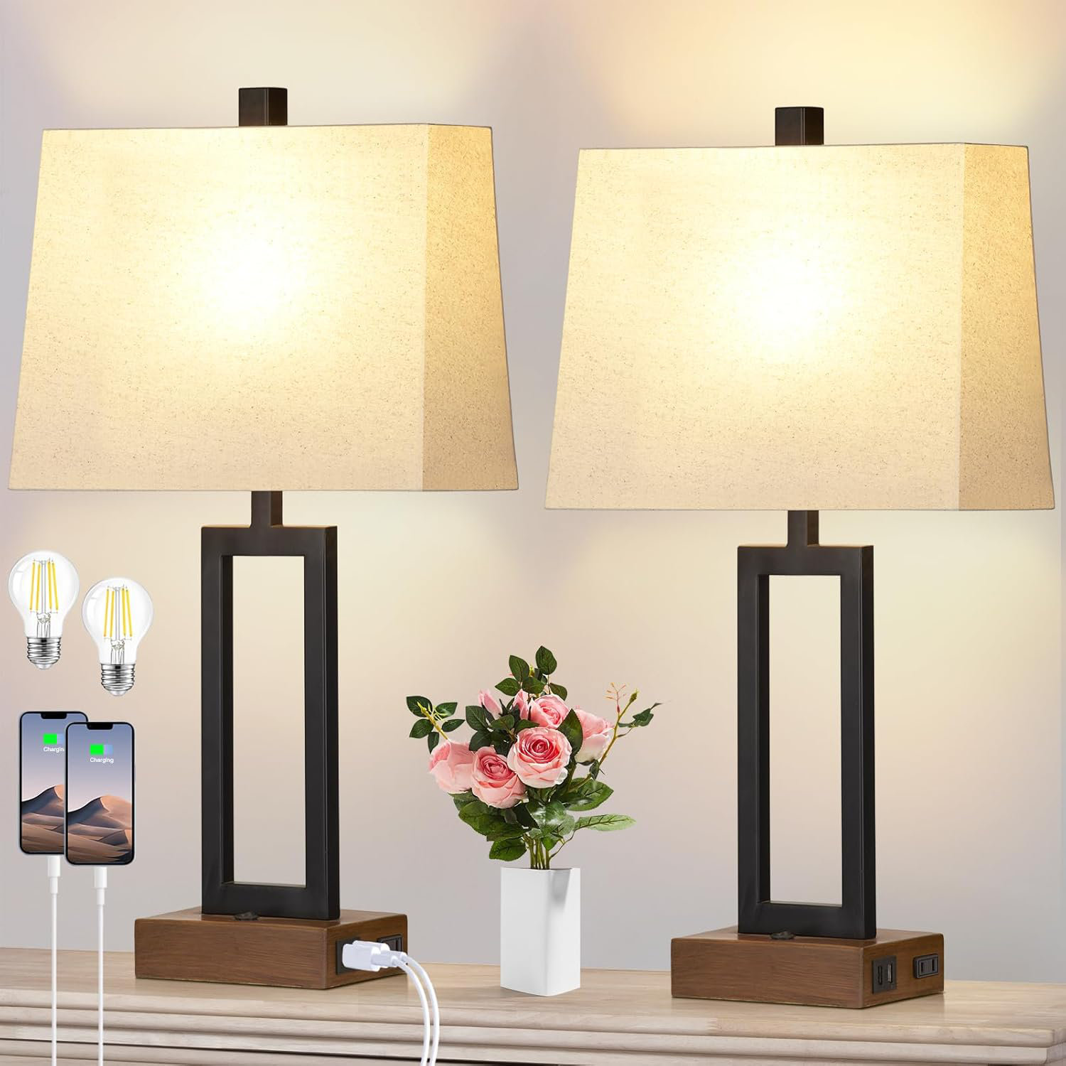 Modern Table Lamp Set with USB Ports \u0026 Outlet, Black Bedside Lamps with Base for Bedroom 17 Stories, image size:1500x1500