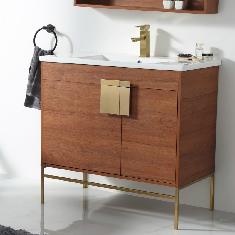 Ensemble de meuble-lavabo simple 36 po Maisie, Laiton satiné, Noyer épicé