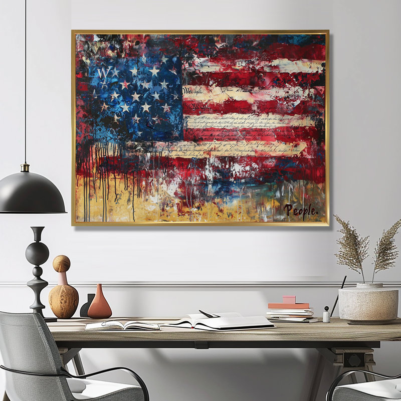 Krystalee, drapeau des États-Unis, patriotisme, aquarelle, H 34 po x l 44 po, Avec cadre, Doré