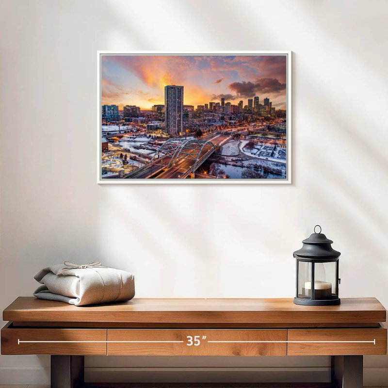 Coucher de soleil d'hiver à Denver, 19 po x 13 po, Cadre flottant blanc