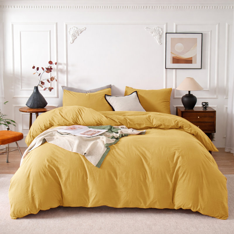 3-Piece Dyed Duvet Cover Set With Pillowcases, Ochre, Single Duvet Cover + 2 Standard Pillowcases