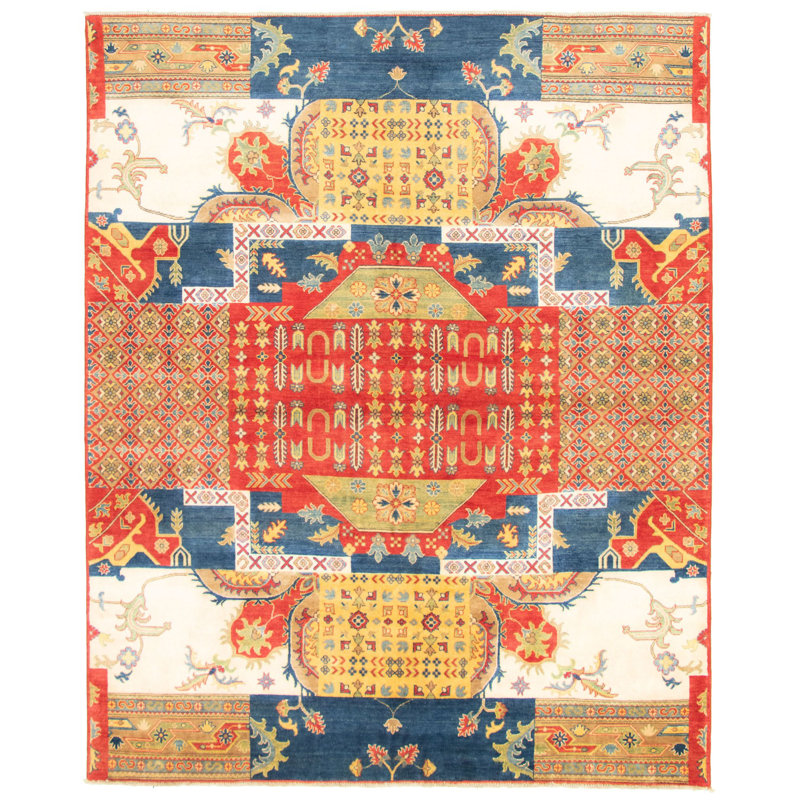 Tapis unique en laine noué à la main bleu / rouge des années 2010 de 8 pi 2 po x 10 pi 2 po Qaiden