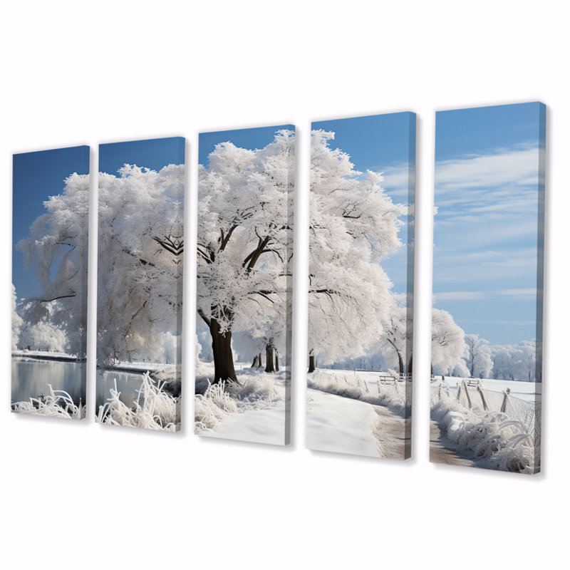 Arbre blanc dans un paysage d'hiver V - Paysages, art mural, salon - 5 panneaux égaux