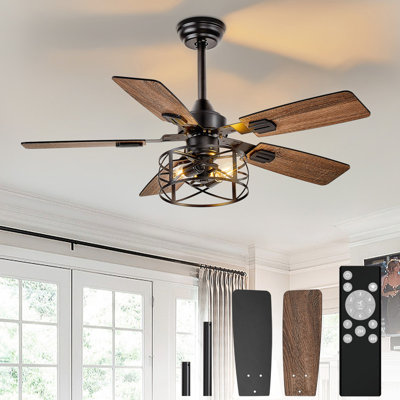 42 Inch Caged Ceiling Fans with Lights, Dual Finish 5 Black Walnut Blades Hanging Fan, Rustic Ceiling Fan with Remote APP Control for Farmhouse Indoor/Outdoor Use