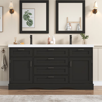 59" Modern Double Sink Bathroom Vanity With Undermount Basins, Freestanding Cabinet With 2 Doors, 3 Drawers & Flip-Top Storage Compartments