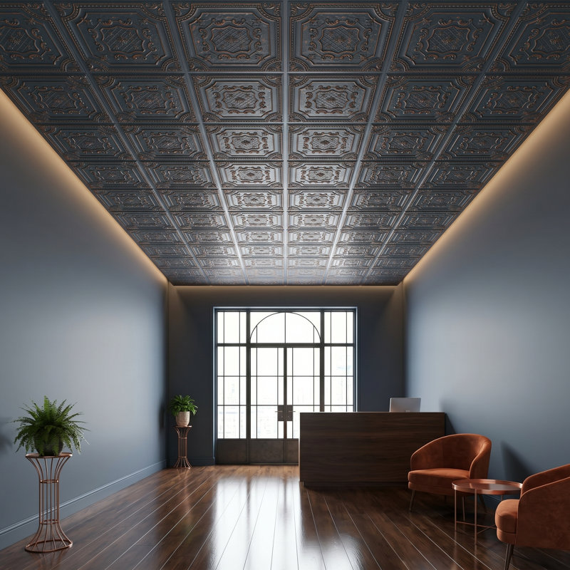 Pavillon élisabéthain de 2 pi X 2 pi Tuile de plafond à poser ou à coller, Graphite doré