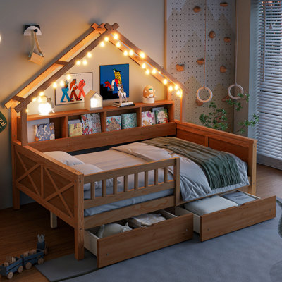 Full House Platform Bed With Drawers, Wood House Bed With Storage Shelves And Led Lights, House Platform Bed Frame For Kids, Teens, Adults, No Spring Box Needed,narutal