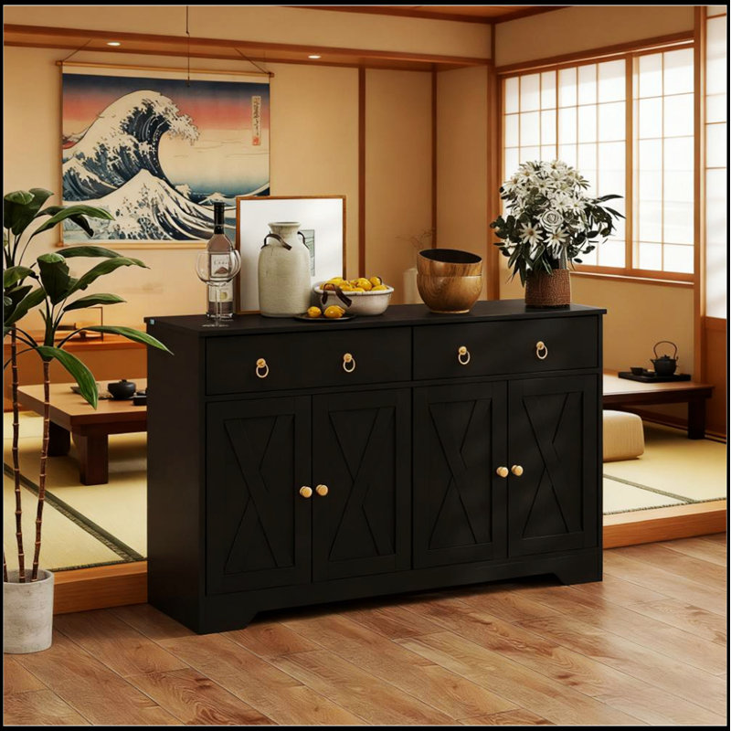 Buffet de rangement rustique de style grange avec tiroirs et armoires, parfait pour le décor et l'organisation d'une maison de campagne.