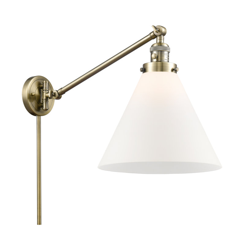 Lampe murale avec bras pivotant 1 lumière Cone, Ampoule incandescente rétro 60 watts, Laiton antique, Boîtier blanc mat