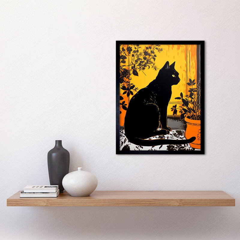 Akhsa Black Cat By Potted Plants Mediterranean Door - Single Picture Frame Print
