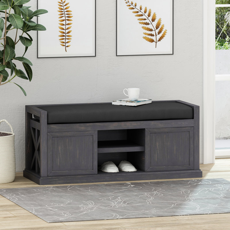 Banc de rangement pour hall d'entrée avec siège à coussin et portes coulissantes, banc de rangement pour couloir