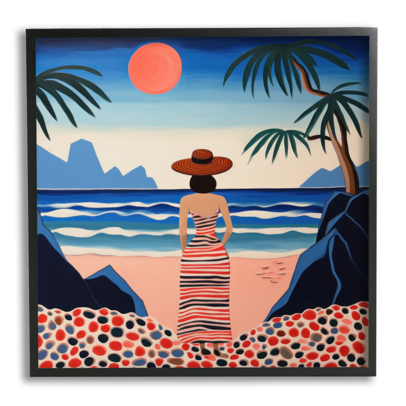 Bb-385 - Femme à motifs encadrée sur une plage, impression sur bois, Giclée encadrée noir minuit