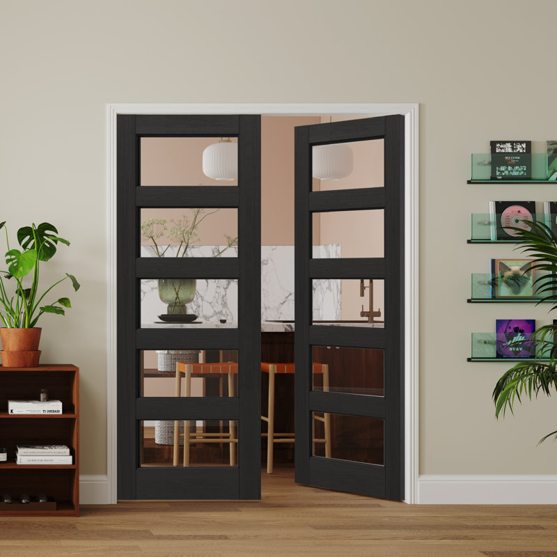 Dalle de porte 5 pièces en verre transparent à finition bois noir apprêté (sans charnière et quincaillerie d'installation / poignées)
