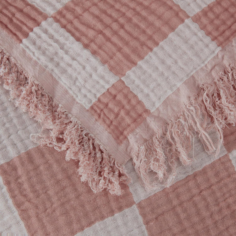 Kendall Plaid Cotton Gauze Throw Blanket, Dusty Rose/White