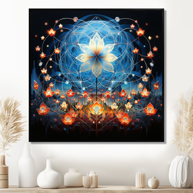 Abstrait fleur mystique galactique de la vie - impression d'art floral moderne, Toile avec cadre flottant noir