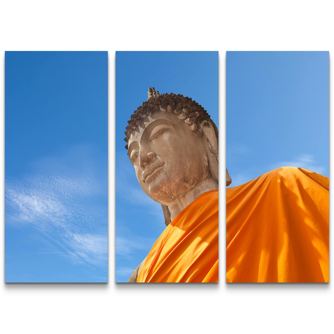 3-tlg. Leinwandbilder-Set Riesenstatue Buddha Gesicht