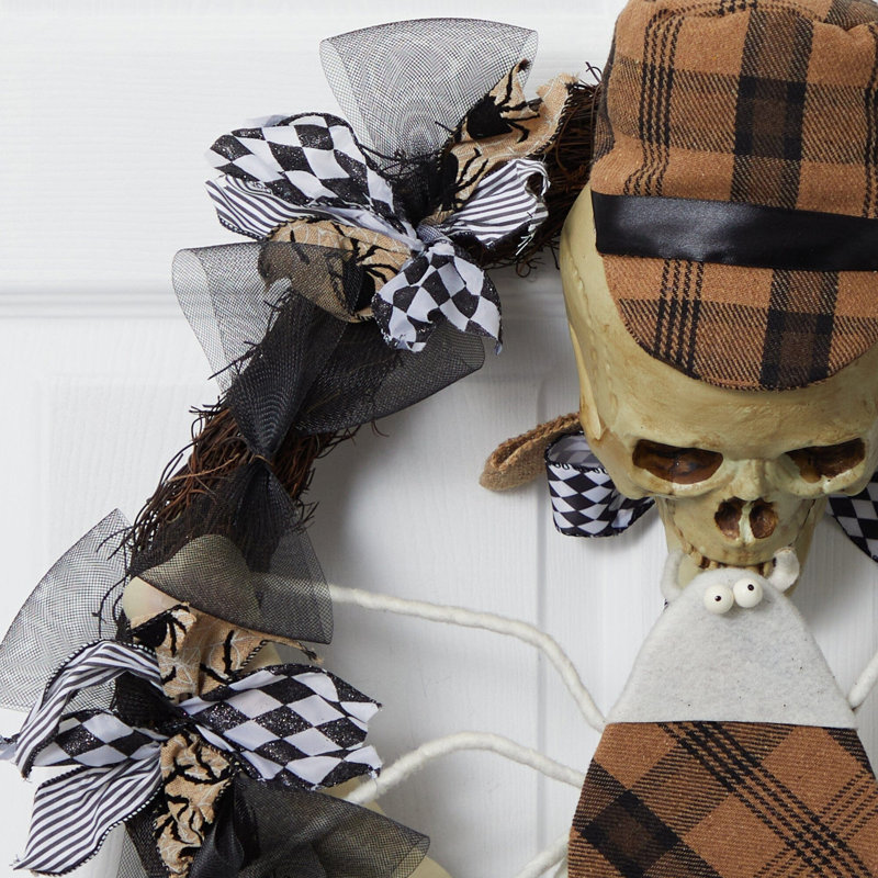 Halloween Skull in Plaid Mesh Wreath