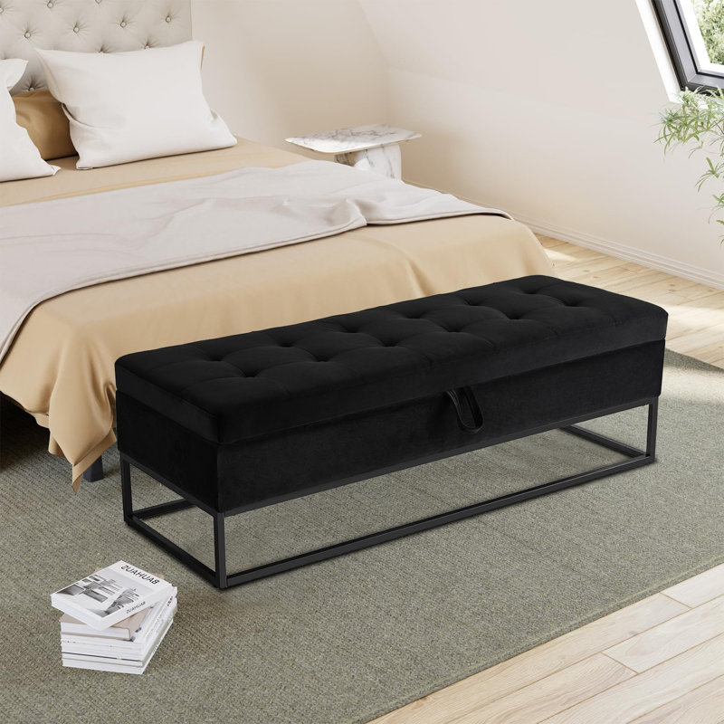 Banc de rangement rembourré en velours avec siège rabattable Modern, Noir