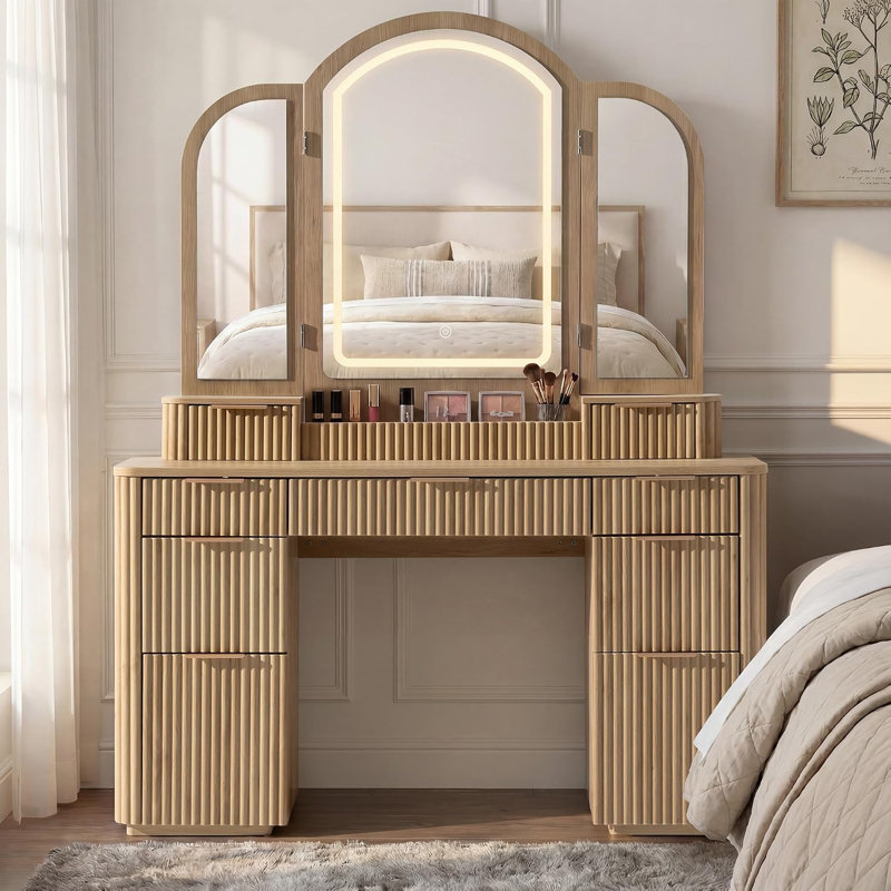 Meuble-lavabo cannelé l 53 po à 9 tiroirs avec miroir arqué à 3 lumières DEL, coiffeuse cannelée moderne à 3 côtés, Chêne