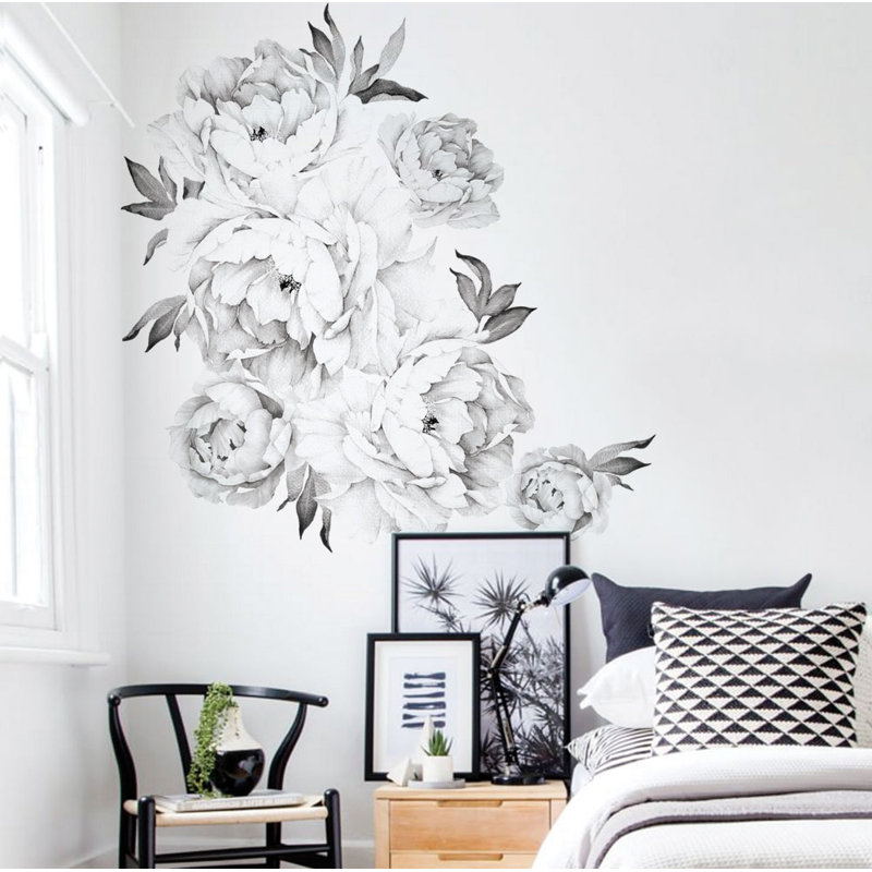 Adhésif décoratif fleurs de pivoine, Noir / blanc