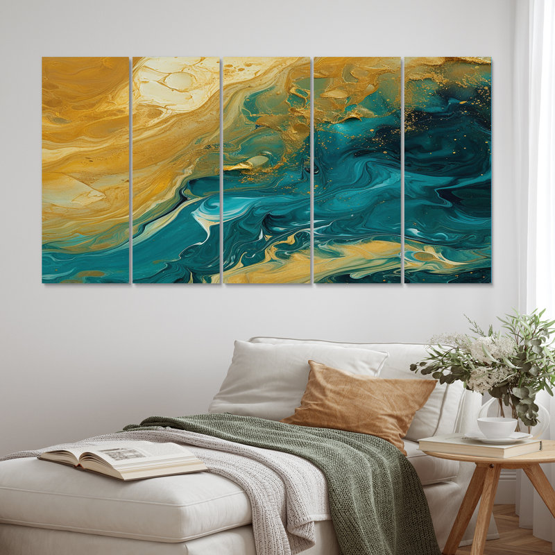 Golden Sunshine In Deep Blue Ocean Abstract - Abstract Wall Art Print - 5 Equal Panels